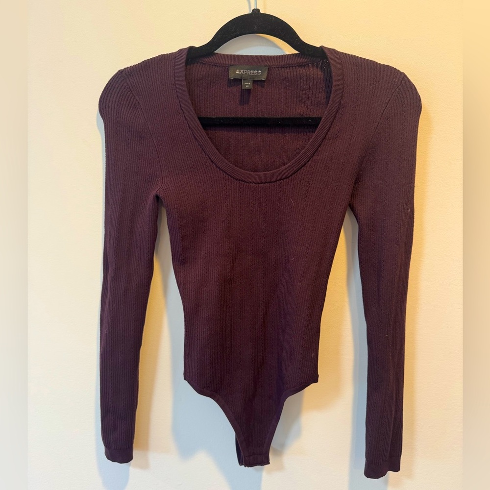 Express Women's Plum Maroon Ribbed Longsleeve Bodysuit Size S